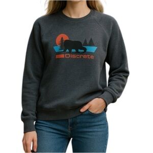 Discreet Charcoal Gray Bear Graphic Sweatshirt with Orange and Teal Accents